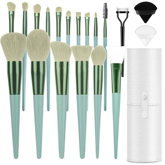 Professional Makeup Brush Set, LUXBRU 20PCs Makeup Brushes with Foundation Eyebrow Blending Concealer Blush Eyeshadow Contour Powder Brush, Make Up Brushes Kit with Travel Case & 2 Powder Puff-Green
