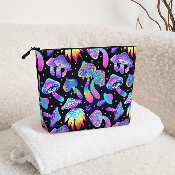 MOLAIGIN Magic Psychedelic Mushrooms And Skulls Cosmetic Bag For Women, Travel Makeup Bag, Toiletry Zipper Bag, Large Capacity Aesthetic Cases