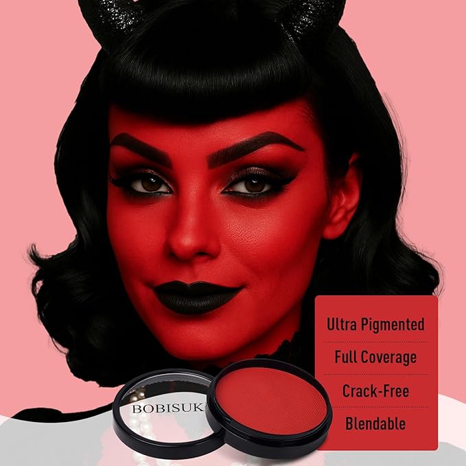 BOBISUKA Devil Red Face Body Paint, Water-Based Face Painting Kit & Body Paints, Kids Adults Facepaint for Halloween Demon Gothic Vampire La-Catrina SFX Makeup, Costume Cosplay Party Theater & Stage