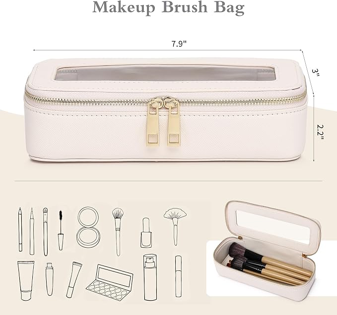 Pinkmik Makeup Brush Bag Slim Clear Makeup Bag Transparent Travel Cosmetic Case & Toiletry Bag with Zipper Small Beatuy Makeup Bag Purse Organizer for Women (Beige, SLIM)