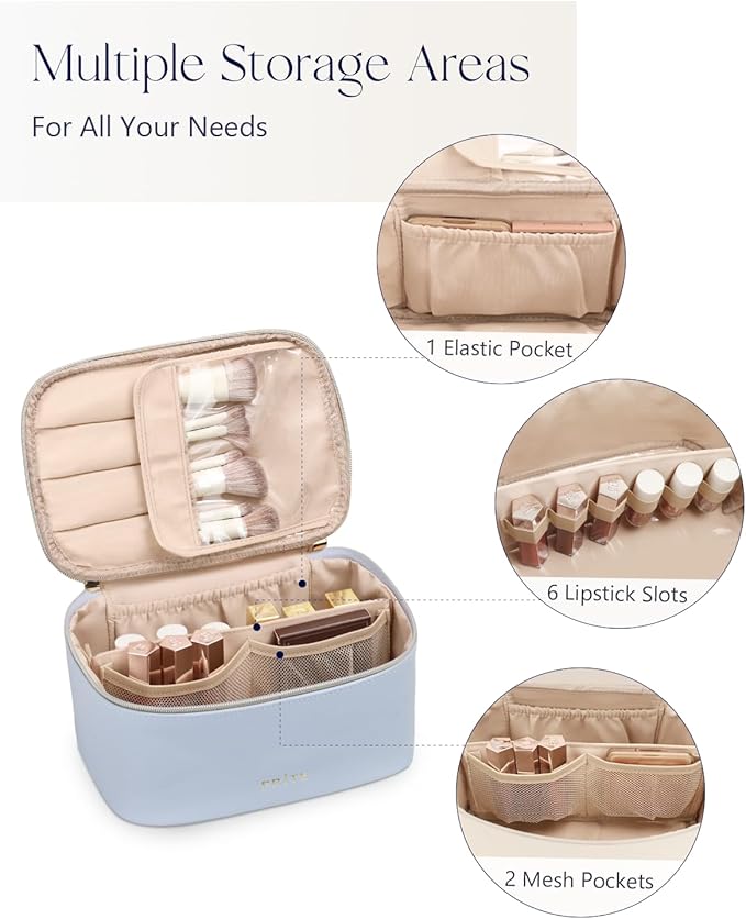 Prite Makeup Bag Portable Cosmetic Organizer with Brush Holder Waterproof Travel Toiletry Bag for Women with Handle and Divider (Blue)