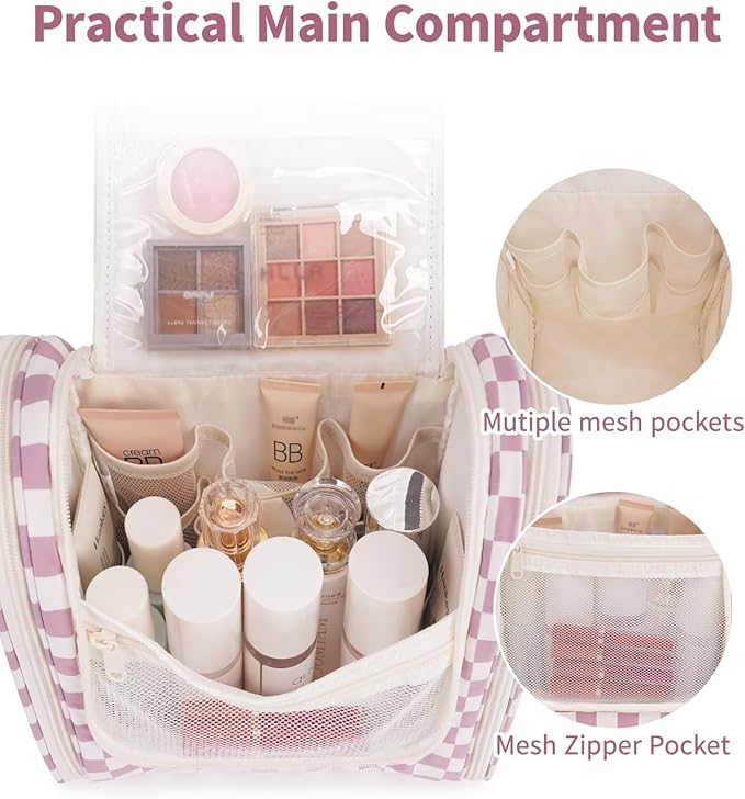 Narwey Checked Hanging Travel Toiletry Bag for Women, Travel Bag for Toiletries, Makeup Bag Organizer Cosmetic Bags Make Up Bags for Women (Dusty Rose Checkerboard)