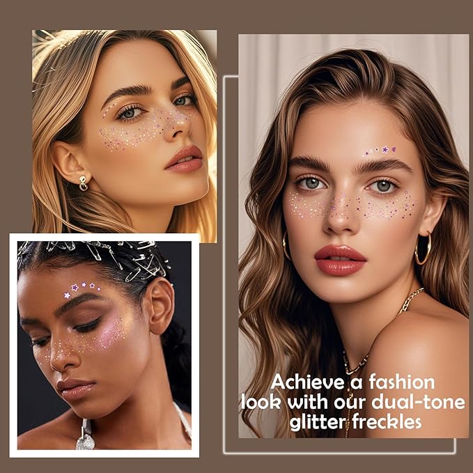 20 Pcs Purple and Silver Face Makeup Patches, Purple-silver Glitter Freckles, Halloween Glitter Freckles Face Tattoo, Waterproof Face Sparkle Freckles, Long-Lasting 48h Freckles for Women