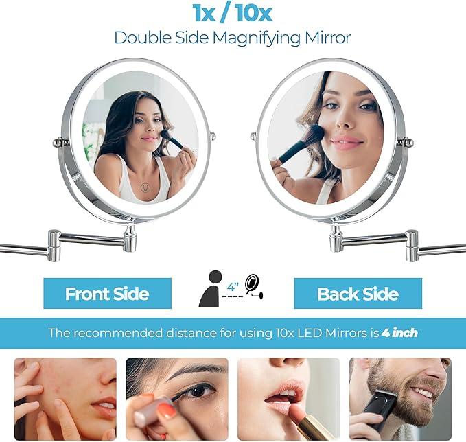 Fab Glass and Mirror Rechargeable Lighted Makeup Mirror 8 Inch, 1x/10x Magnification 3 Color Lights Touch Screen Dimmable 360° Rotation, Wall Mounted Magnifying Mirror Wall Mounted Mirrors (Chrome)