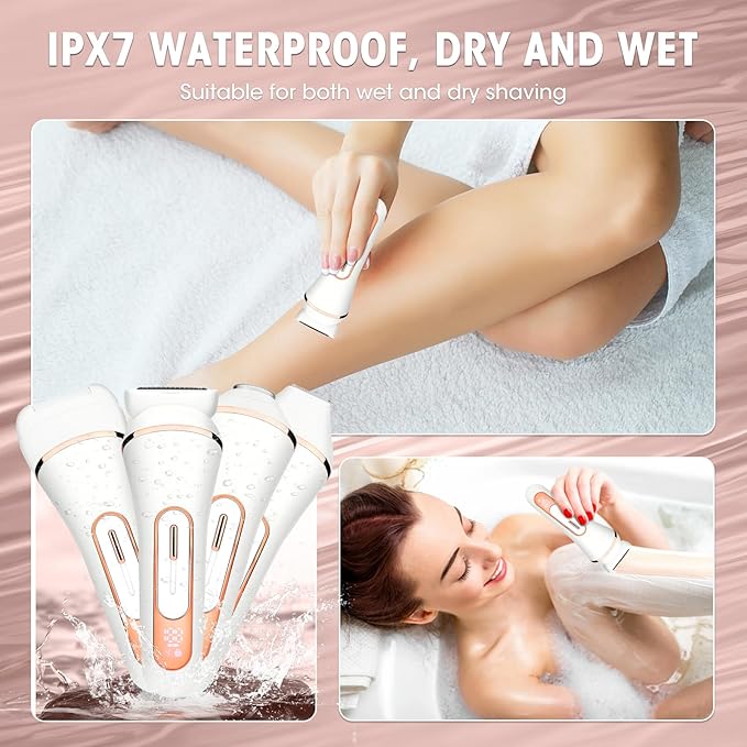 Electric Shavers for Women, 4 in 1 Hair Removal Kit with Epilator Bikini Trimmer Face Razor Body Brush Face Massager Foot Callus Remover, IPX7 Waterproof Lady Razors Set for Legs Armpit Bikini Pubic