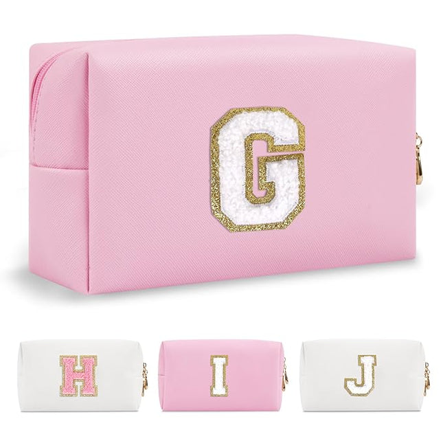 Personalized Initial A-Z Preppy Patch Makeup Bag,Small PU Chenille Letter Cosmetic Bag with Zipper for Teen Girls,Pink Cute Toiletry Organizer Bag,Monogram Makeup Case Gift for Women Girls,Letter G