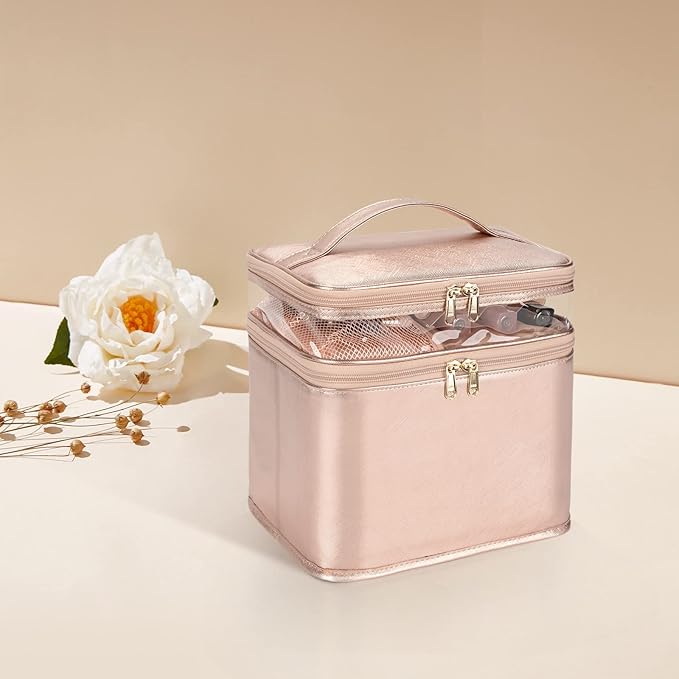 OCHEAL Large Makeup Bag, Double Layer Makeup Bag, Vertical Storage Cosmetic Case for Women/Girls with Multiple Compartments-Rose Gold