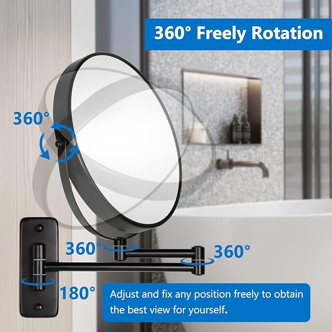 DECLUTTR 9 Inch Large Wall Mounted Makeup Mirror, 1X/10X Magnifying Mirror Double-Sided, 360° Swivel Extendable Makeup Mirror for Bathroom, Black