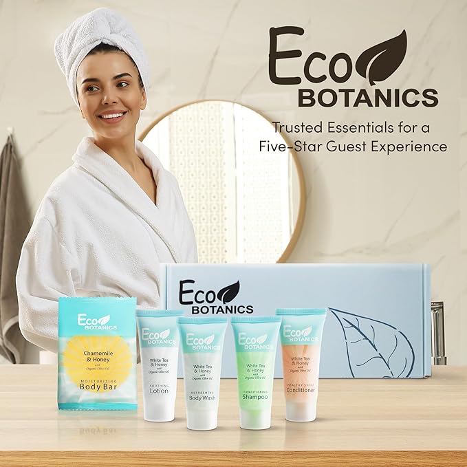 Terra Pure Eco Botanics Amenity Kit | Hotel Bulk Toiletries | 0.85 oz Shampoo, Conditioner, Lotion, Body Wash, Body Bar Soap for Guest Hospitality Vacation Rentals | 60 Sets/Case