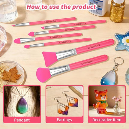 LORMAY 7 Pcs Silicone Brush Applicator Kit for UV Resin Epoxy Art Crafting and Cream Makeup Products (Red)