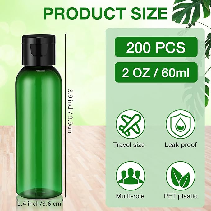 Zhehao 200 Pcs 2 oz Green Plastic Empty Bottles Small Travel Size Bottles with Flip Cap Empty Transparent Dispenser Container for Liquids Toiletries Shampoo Lotion (Black Cap)