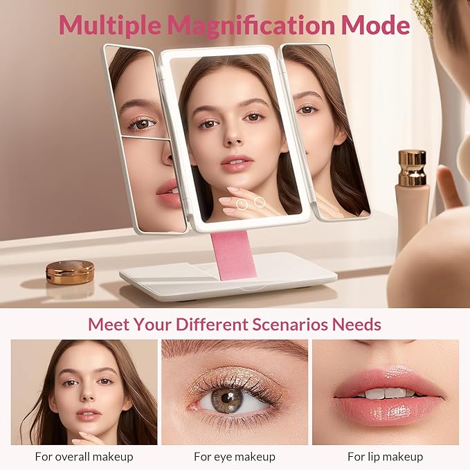 EASEHOLD Foldable Tri-Fold Lighted Makeup Vanity Mirror with 60 LED Lights, 1X/2X/3X Magnification, Touch Control Dimming, 3000mah Rechargeable, 360° Rotation, Portable Travel Folding Compact Mirror