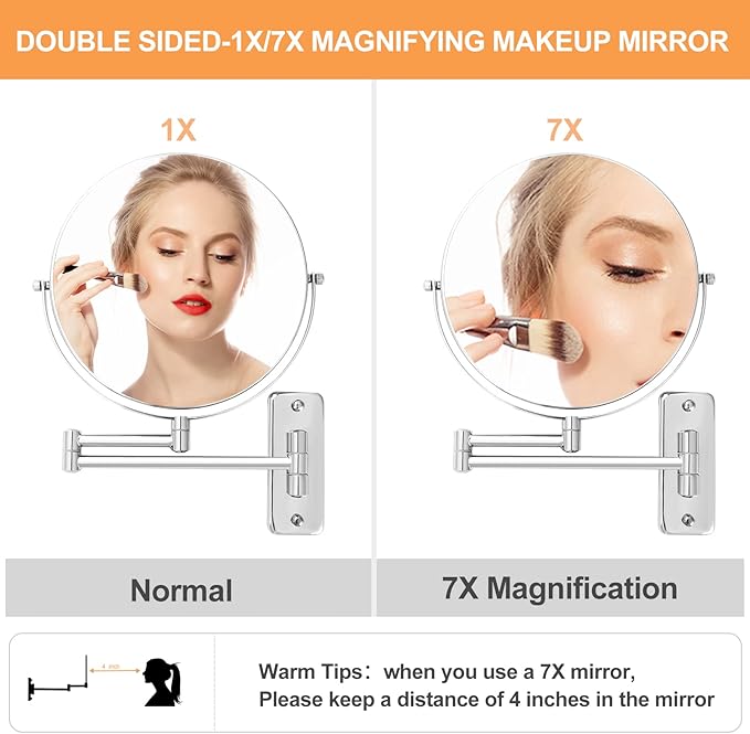 9" Magnifying Wall Mount Makeup Vanity Mirror,1x/7x Double-Side Makeup Mirror with Magnification,Swivel Extendable Shaving Face Mirror for Bathroom, Wall Mirror for Chrome