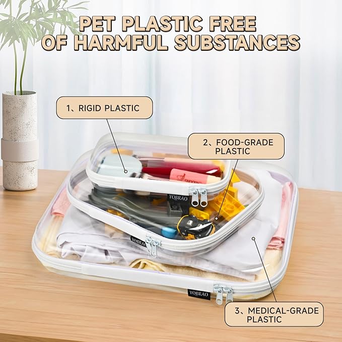 Hard Sided Clear Zipper Case for Storage- Professional-Grade Plastic Clear Zipper Pencil Case,Toy Storage Bins, Toiletry Pouch, Travel Organizer, Cosmetic Bag（White,3 Pack, LMS）