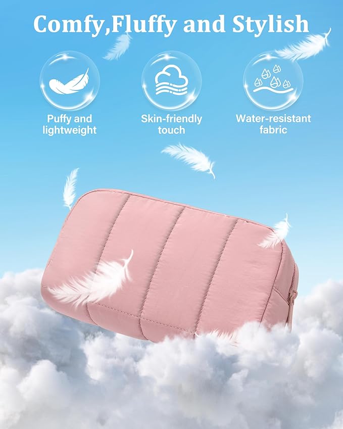 oscaurt 2 Pcs Makeup Bag Travel Toiletry Bag for Women Puffy Padded Cosmetic Pouch Purse Wide-open Makeup Organizer Case Travel Essentials