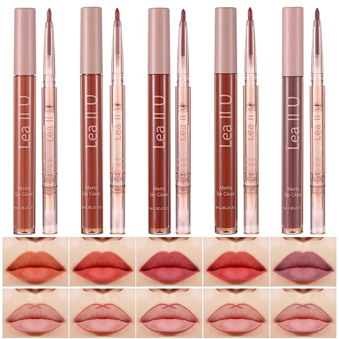Lip Liner & Lip Glaze Set, Waterproof Smooth Lip Liner, Long Lasting Matte Lip Glaze, Velvet Lip Glow, 2 Pcs, Nude Lipstick, 5 Colors (01#Cinnamon coffee)