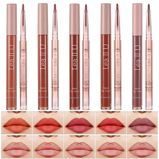 Lip Liner & Lip Glaze Set, Waterproof Smooth Lip Liner, Long Lasting Matte Lip Glaze, Velvet Lip Glow, 2 Pcs, Nude Lipstick, 5 Colors (03#Rose Cocktail)