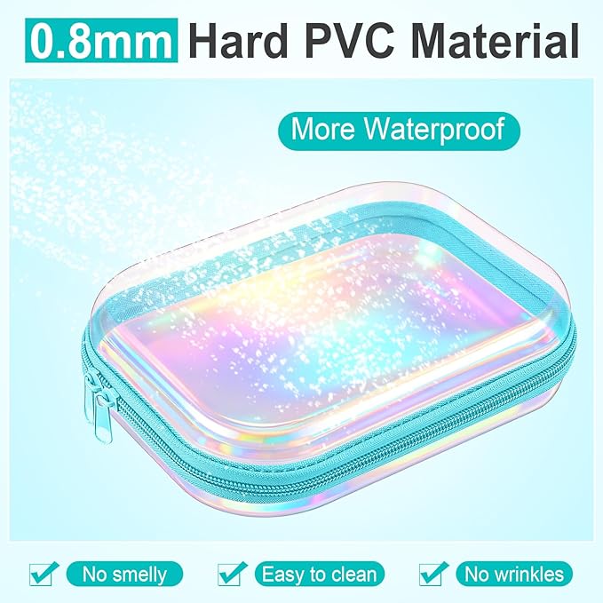 Sanwuta 6 Pcs Clear Hard Zipper Case Pencil Pouches Hard Plastic Zipper Pouches Makeup Bag Transparent Cases for Snacks Plastic Storage Organizer Box for Travel(Holographic,7.87 x 5.9 x 2 Inch)