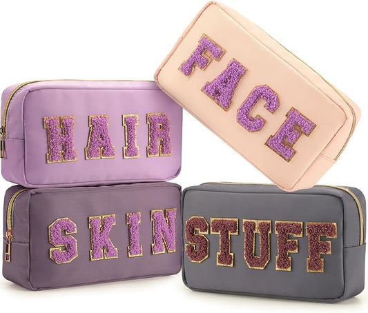 Cunno 4 Pcs Preppy Makeup Bags Chenille Letter Stuff Bag Nylon Cosmetic Pouch Cases with Zipper for Women Travel Toiletry
