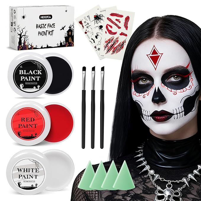Halloween Effects Makeup Kit, Red Black White Face Paint, Makeup with Tri-color makeup Tattoo stickers sponges brushes, Perfect for Halloween Zombie Vampire Skeleton