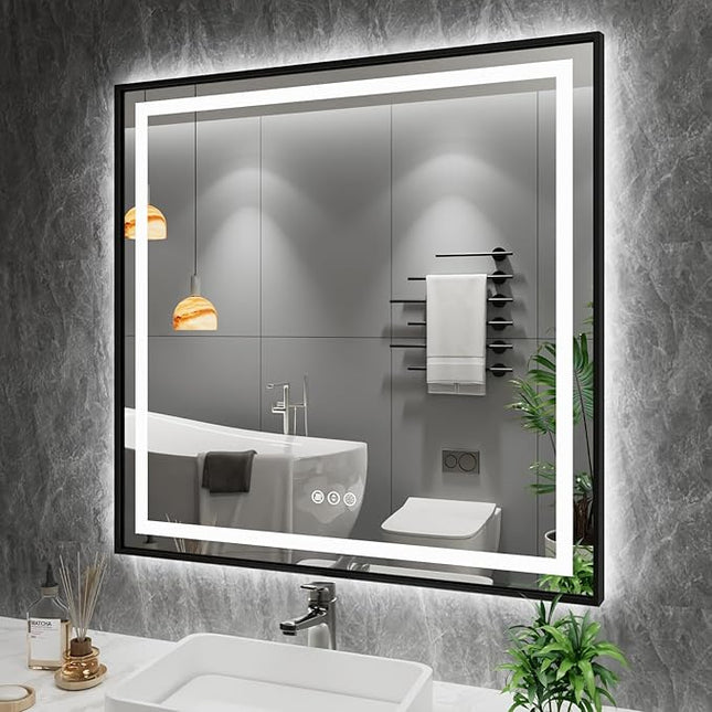 Amorho 32"x 32" LED Bathroom Mirror with Black Frame, Front Light and Backlit, Stepless Dimmable, Anti-Fog, Shatter-Proof, Memory, 3 Colors, Double LED Vanity Mirror
