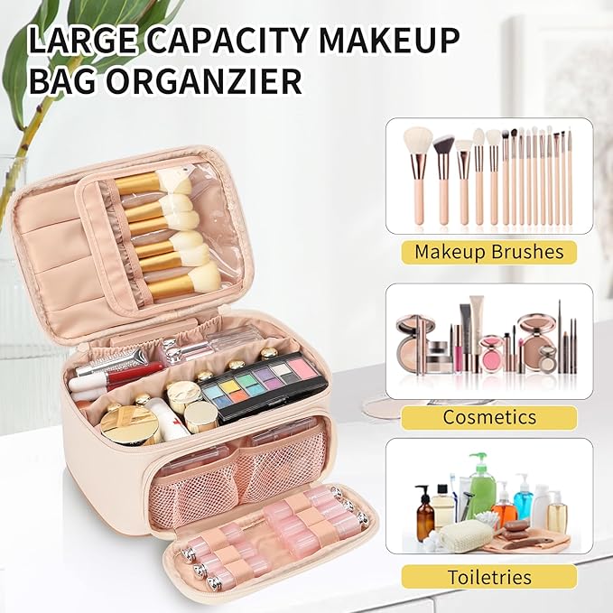 OCHEAL Makeup Bag, Multifunctional Make Up Bags Large Compact Makeup Bag Organizer Cosmetics Toiletry Brushes Storage Case for Women Girls Makeup Case with Handle Divider- Beige