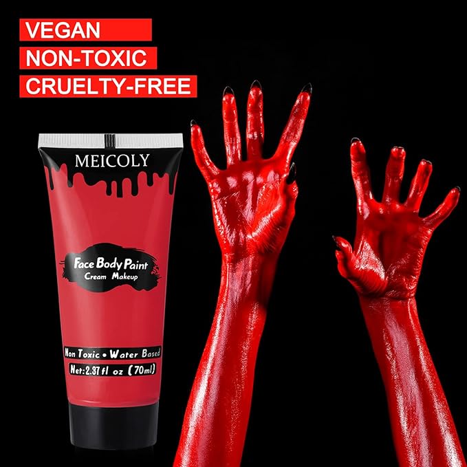 MEICOLY Devil Red Face Body Paint,2.37Oz Large Tube Water Based Washable Face Paint for Halloween Makeup,Cream Full Body Paint for Adults and Kids,Face Painting for Clown Joker Demon Vampire Spiderman