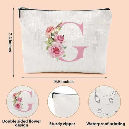 Pink Monogram Makeup Bag, Initial G, Cosmetic Bag Personalized Travel Organizer Bags Makeup Pouch, Monogrammed Gifts for Women Girls Friend Sisters Coworker Bridesmaid Wedding Bridal Shower Gifts
