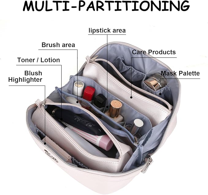 BOYATU Travel Makeup Bags for Women: Vegan Leather Cosmetic Bag Set of 3 - Large Capacity Make up Bag with Divider - Wide Open Waterproof Toiletry Organizer Bag with Handle (05-Off-White)