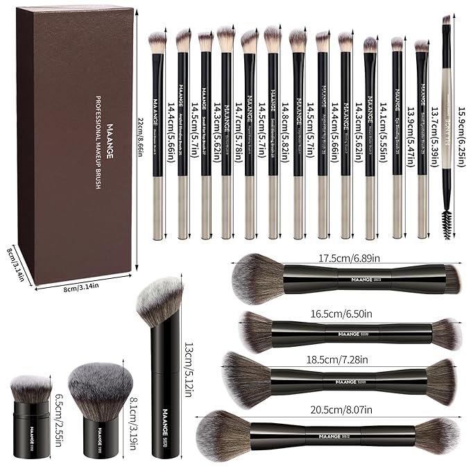 MAANGE 20 Pcs Makeup Brushes with Gift Box, Double-End Multi-functional Makeup Brushes for Blending Liquid Powder Concealer Cream Blush Buffe,Black