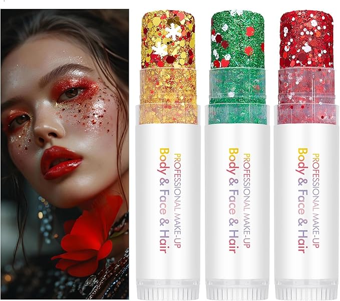 Body Glitter Stick,Face Hair Holographic Sparkling Neon Outfit Singer Concert Music Rave Festival Party Accessories Glitter Makeup.(Gold & Red & White)