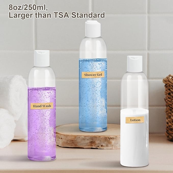 2 Pack 8 oz Clear Plastic Bottles with White Disc Caps Refillable Empty Squeeze Containers Cosmetic Bottles for Toiletries Conditioner Shampoo Lotions Gels