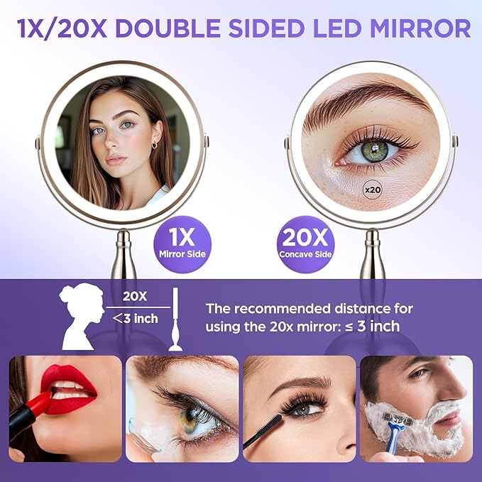 20x Magnifying Mirror with Light, Lighted Makeup Mirror with 3 Color Modes and Adjustable Brightness, Side Charging Port & SideTouch Sensor, 360° Rotation Double Sided Standing Mirror-Brushed Nickel