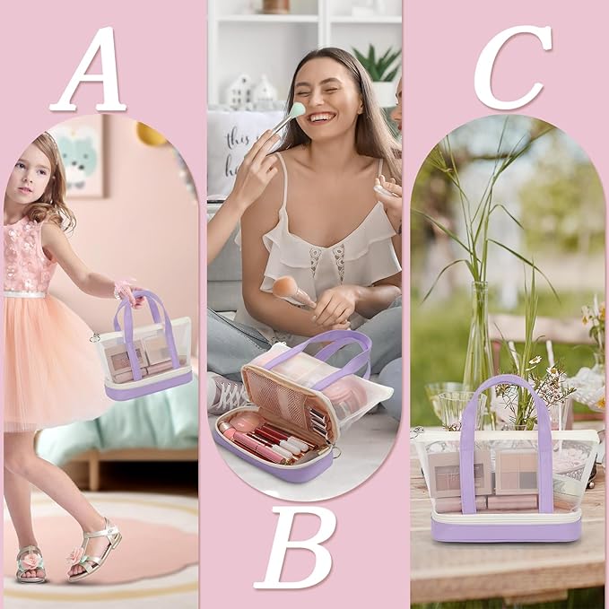 Small Multi-Functional Makeup Bag for Teens and Women Cute Cosmetic Case with Zipper Pouch/Double Handle for Travel Daily Use Multi-Scene Storage - Perfect Christmas or Birthday Gift for Girls-Purple