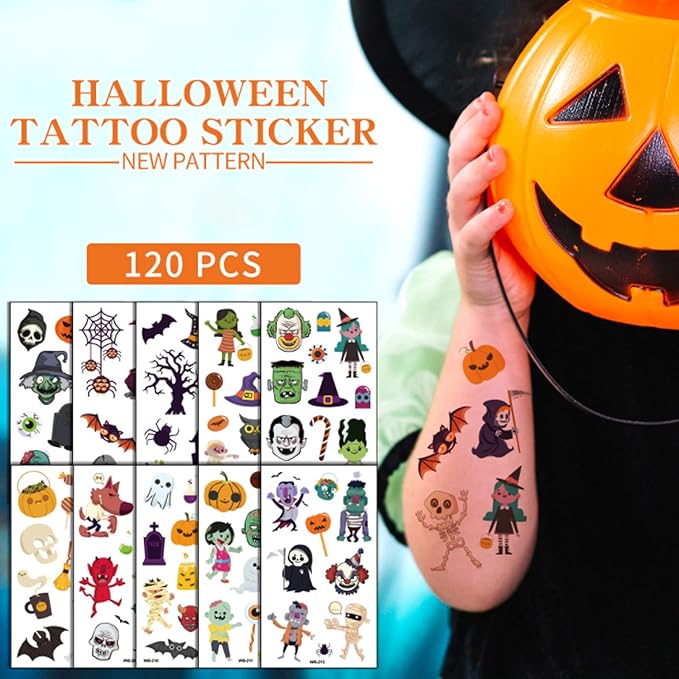 Temporary Tattoos for Kids Halloween Makeup, 120Pcs Cartoon Tattoos (11 Sheets) Waterproof Fake Tattoo Body Art Stickers Children Party Decoration Supplies Gifts Favors Girls Boys Halloween