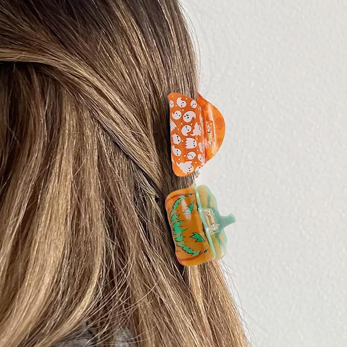 2 Pcs Halloween Hair Claw Clips Glow in the Dark Hair Clips Pumpkin Ghost Hair Claws Halloween Party Hair Claw Clips Cute Hair Accessories for Women's Thin or Thick Hairs (Luminous)