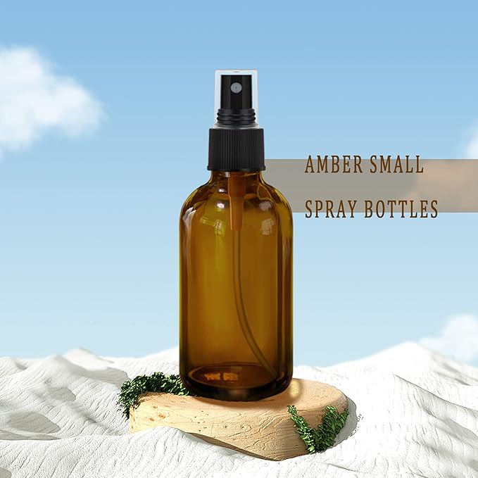 Amber Glass Spray Bottles 4oz,Small Empty Glass Spray Bottle Fine Mist Spray Refillable Containers,Mini Travel Spray Bottles set of 4,Included 6 Sprinkler,2 Funnels,1 Droppers,8 Labels