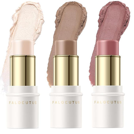FALOCUTUS 3 Pcs Contour Stick Set,Cream Blush & Highlighter Bronzer Pen,Long Lasting & Smooth Natural Face Contouring.LIGHT-WARM