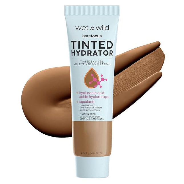 wet n wild Bare Focus Tinted Hydrator Tinted Skin Veil, Lightweight Buildable Coverage with Hyaluronic Acid & Vegan Squalane, Semi-Matte Finish, Cruelty-Free - Deep