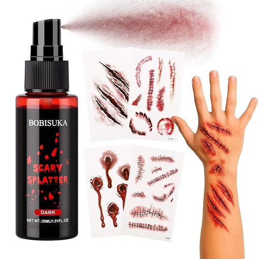 Halloween Makeup Kit - Dark Fake Blood Spray + 4 Sheet Temporary Scars Wounds Tattoos , Realistic Dark Blood Splatter Non-Toxic Washable for Zombie, Clown, Vampire Cosplay, Costume, Stage, SFX Make Up