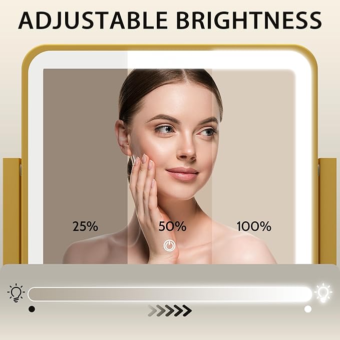 Gold Lighted Makeup Mirror, 14"x12" Vanity Mirror with Smart Touch Control, 3-Color Dimmable Lighting, 360° Rotation for Desk or Bedroom