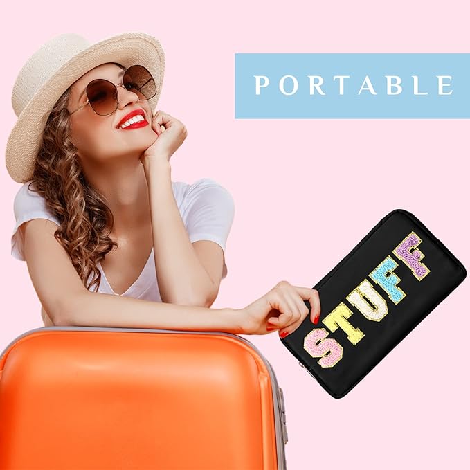 Cunno 4 Pcs Preppy Makeup Bags Chenille Letter Stuff Bag Nylon Cosmetic Pouch Cases with Zipper for Women Travel Toiletry