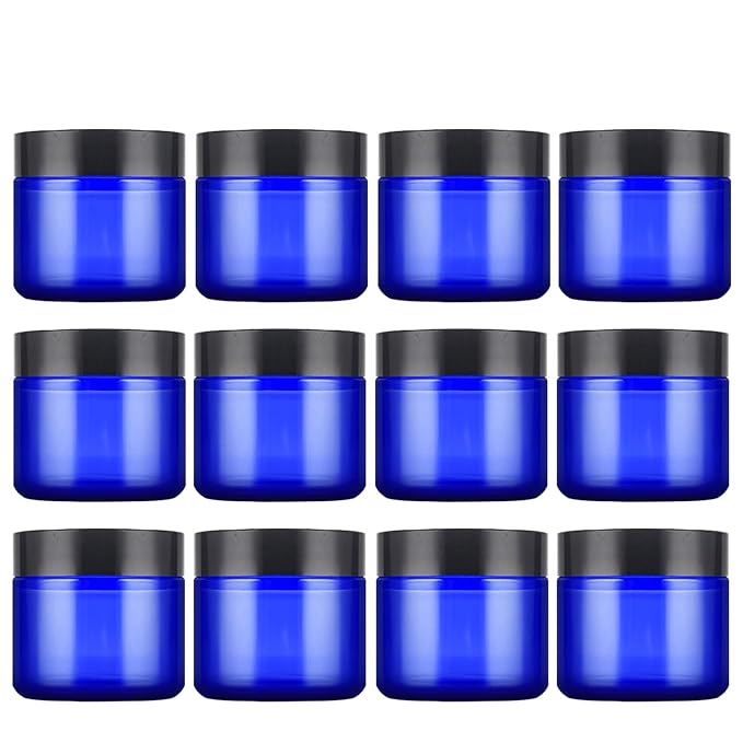 2 Oz Blue Round Glass Jars with Inner Liners and Black Lids(12PCS) Empty Cream Containers Refillable Cosmetic Vials for Cosmetics, Lotions, Ointment, Body Scrubs & Balms
