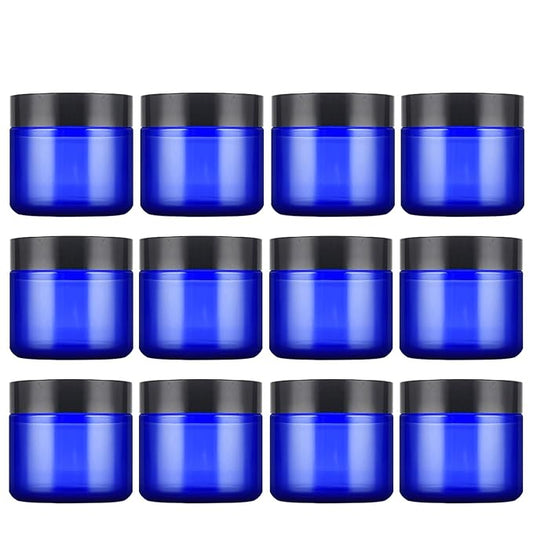 2 Oz Blue Round Glass Jars with Inner Liners and Black Lids(12PCS) Empty Cream Containers Refillable Cosmetic Vials for Cosmetics, Lotions, Ointment, Body Scrubs & Balms