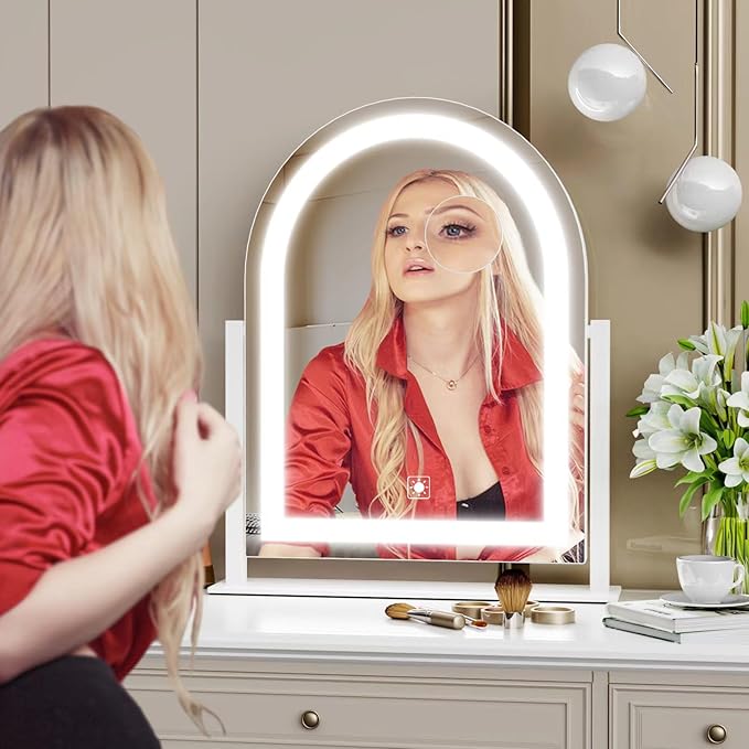 Lighted Makeup Mirror, Hollywood Vanity Mirror with Lights, Three Color Lighting Modes, and Detachable 10X Magnification Mirror, Smart Touch Control, 360°Rotation (15.2in. Curved)
