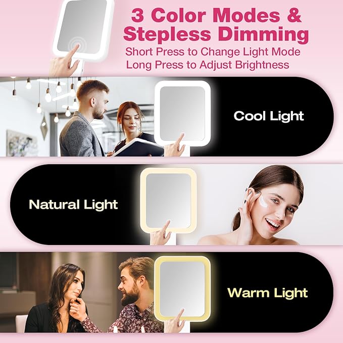 Portable Travel Makeup Mirror with Lights, Double Sided 1X/10X Magnifying Mirror, 3 Color Adjustable Lighting Touch Screen, Rechargeable Lighted Beauty Mirror, Tabletop Handhold Hanging (White)