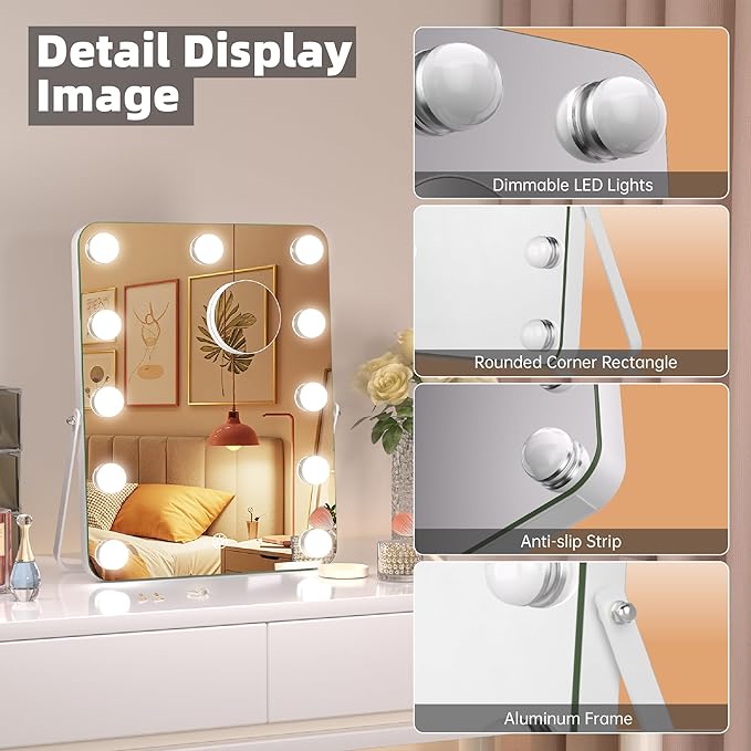 MINISO Vanity Mirror with Lights - 10.6" x 13.8" Hollywood Makeup Mirror with Adjustable Brightness,3 Modes Light, 360°Rotation