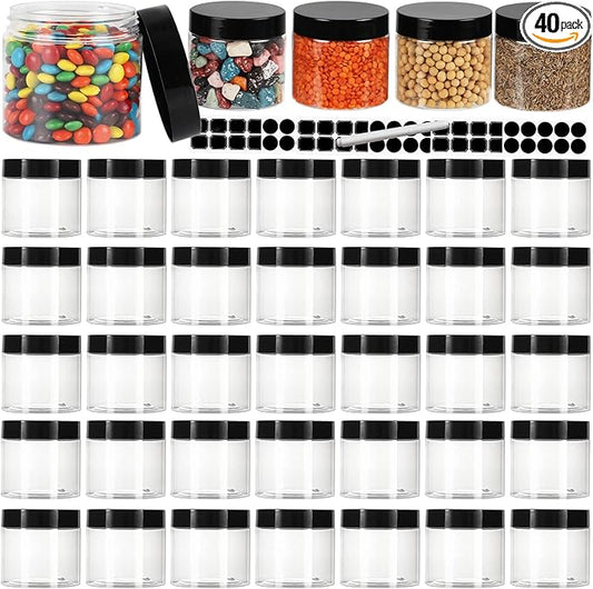 EkkoVla 40 Pack 6 oz Clear Plastic Jars Wide Mouth Round Containers with Black Lids BPA FREE, Empty Multi-use Refillable Storage Jar with Airtight Lid for Cosmetics Beauty Products