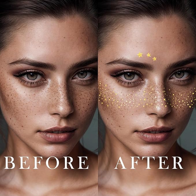 20 Pcs Gold Face Makeup Patches, Sparkle Makeup Patches, Glitter Freckles Face Tattoo, Glitter Freckles, Waterproof Face Glitter Speckles Patches for Helloween (GOLD)