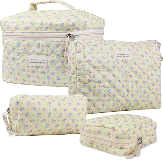 VIWIME Makeup Cosmetic Bag, Large Cotton Quilted Travel Coquette Aesthetic Cute Floral Make up Bag for Women Toiletry Bag Organizer(Purple Rose/4Pcs)